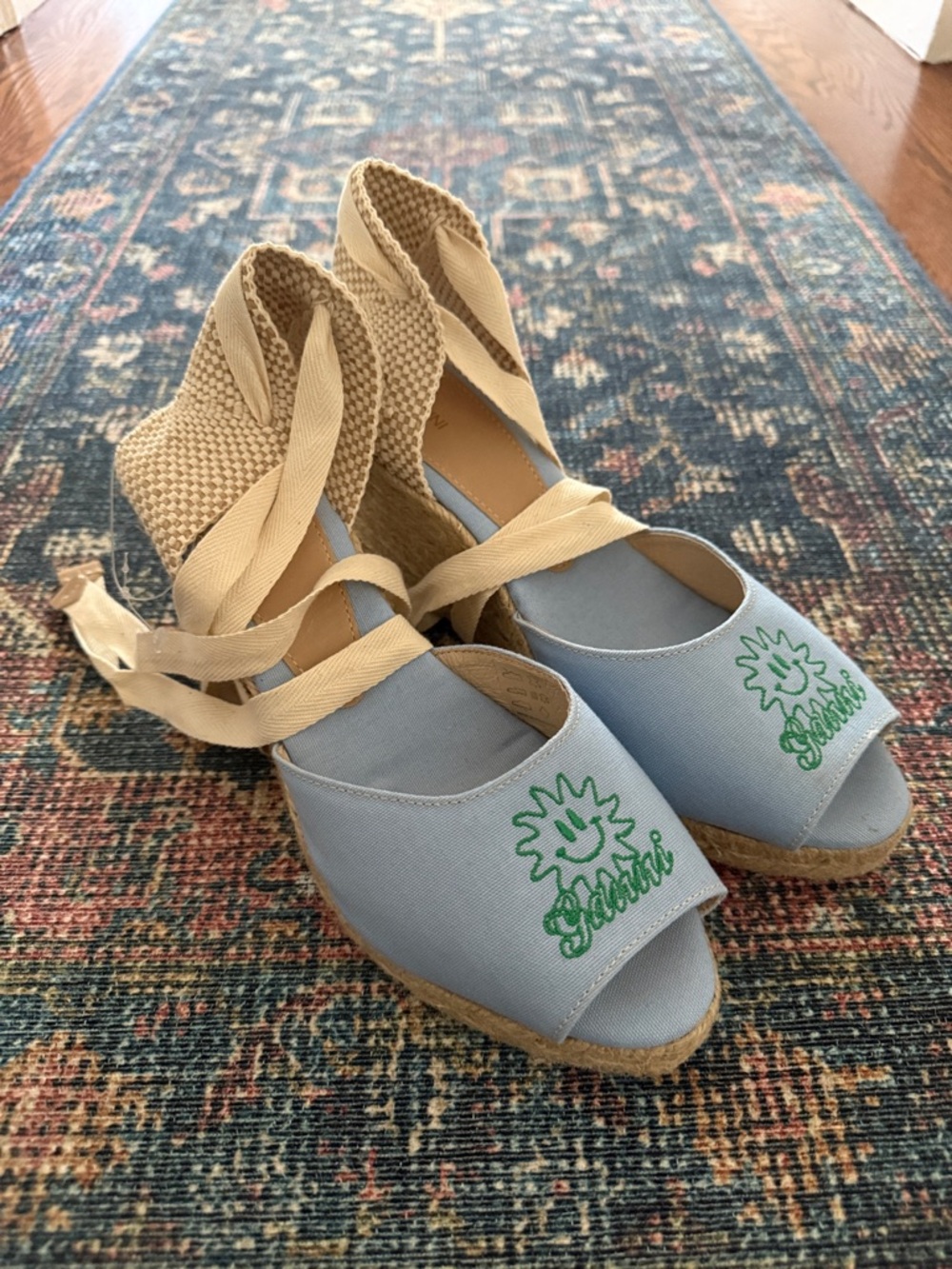 Ganni Women's Sun Embroidered Canvas Espadrille Wedges NEW size 10 /41 European